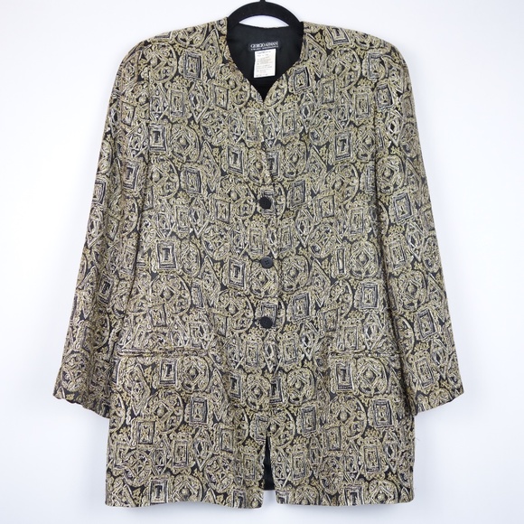 Vintage 90's Giorgio Armani Geometric Print Collarless Jacket & Skirt Set, Sz 46 - Picture 1 of 16